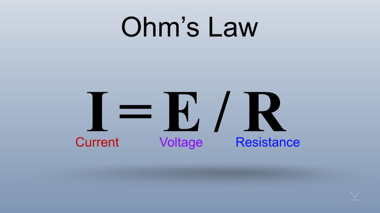 在等式形式中，表示为：i等于e除以r，其中：i表示放大器中的电流，E表示伏特中的电压，R表示欧姆的电阻。