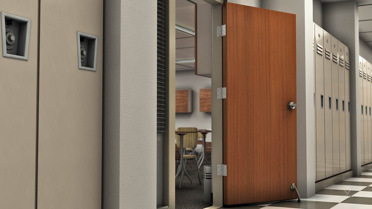 当颠倒门闩设置，这将导致门打开到相反的空间，如走廊。