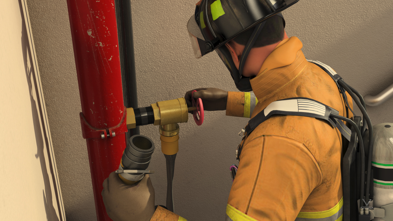 消防人员在进入火灾现场前，可将消防软管连接到阀门上，并配备充电软管。
