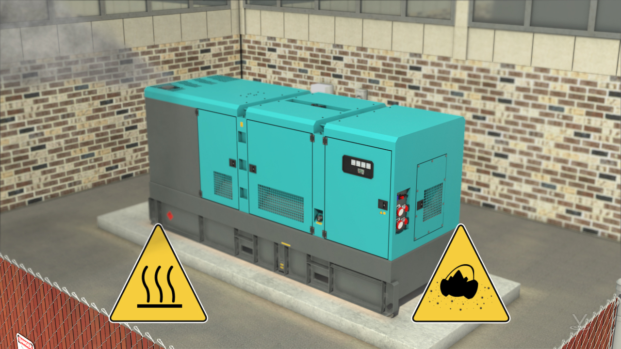 户外商用发电机排放有害废气，带有危险标志。