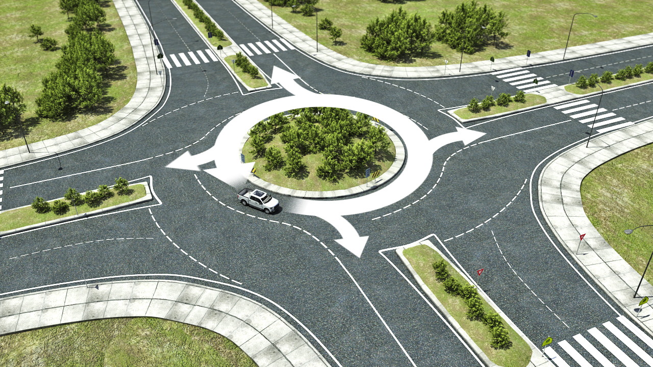 环形路允许车辆以逆时针方向通过交叉路口。