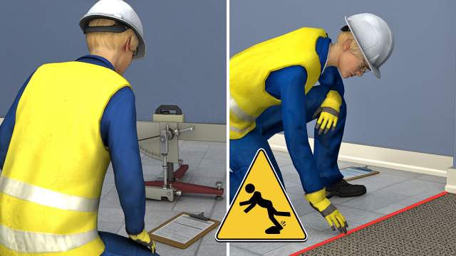 地板和走道的审核员必须接受过测试抗滑性和识别潜在STF危害的培训。
