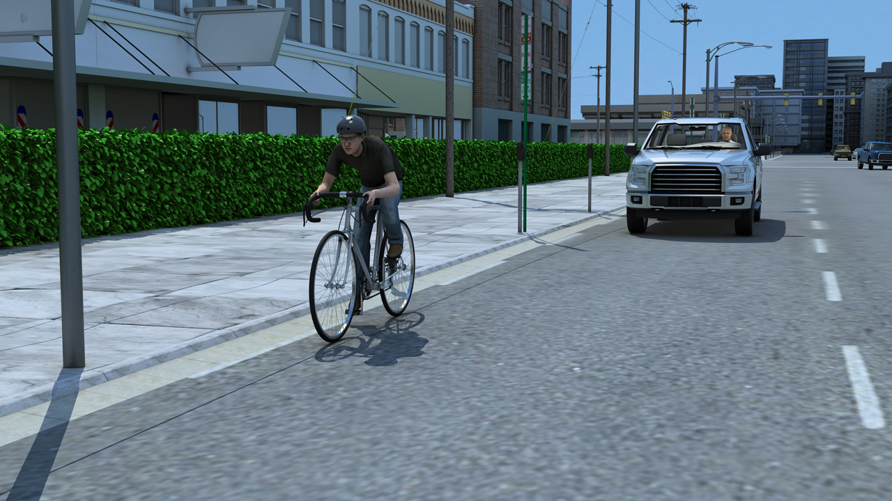 骑自行车时，寻找道路上可能需要转弯的障碍物。