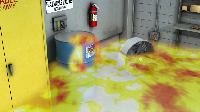 如果来自易燃液体的重蒸气接触点火源，火灾可以沿着“蒸汽踪迹”闪回。