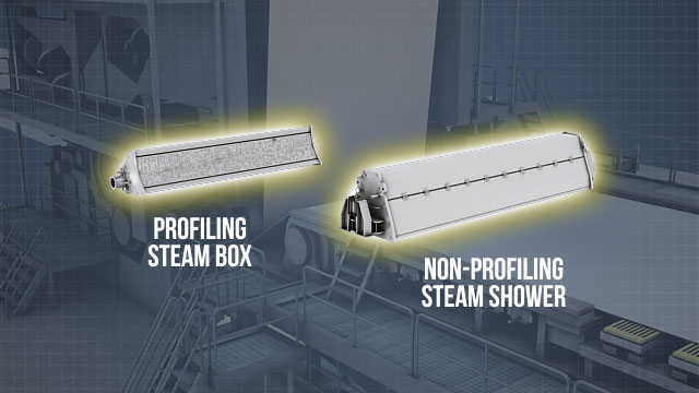 蒸汽箱可用于不同的地方，根据机器和纸张的等级。有时，长网上方的非仿形蒸汽淋浴器可以提高压版部分仿形蒸汽箱的性能。