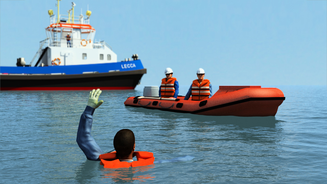 如果被困人员超出了杆浮标或环浮标的范围，请使用救生小艇或其他船只接近他们。
