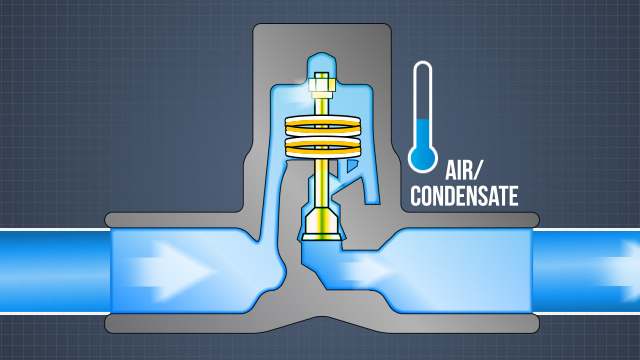 恒温疏水阀中的双金属元件打开，允许空气和冷凝水通过，但当蒸汽开始通过时关闭。