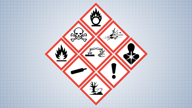 所有的化学危害可以用9个GHS标准象形图或符号中的一个来表示，在危险材料标签上。