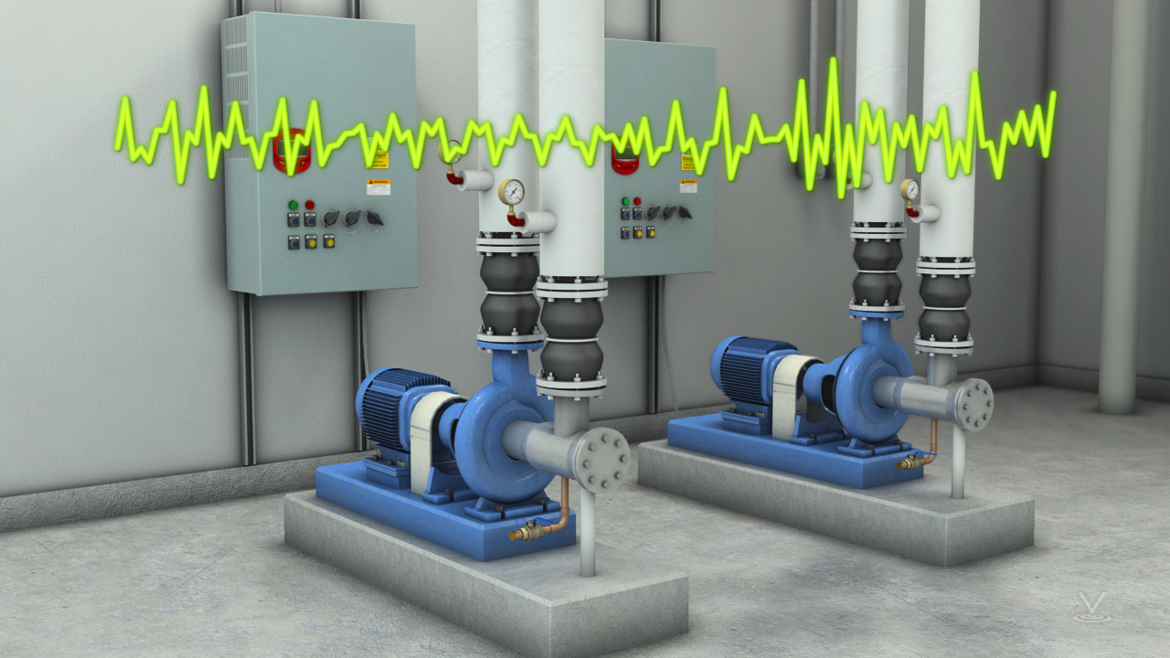 两个平行布置的流体循环泵，带有叠加的声波波形，以指示有缺陷系统中泵和管道的噪音。