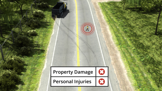 一辆卡车剥夺以避免在道路上的行人被认为是近乎小姐。没有伤害或损坏，但灾难潜力。