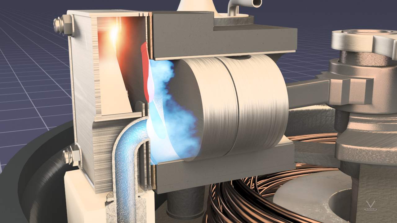 特写，制冷系统上的压缩机横截面图，显示冷却的蒸汽被吸入活塞腔，并作为加热的高压气体排出。