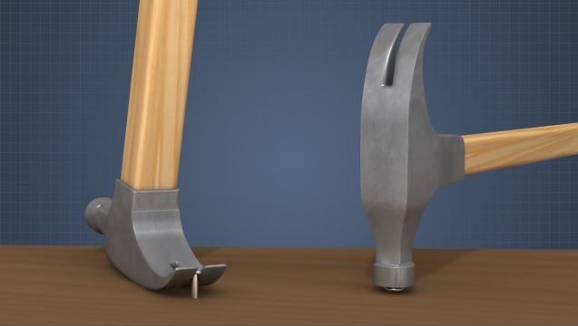 爪锤用于敲击钉子，或者在另一侧使用V形分裂，提取它们。